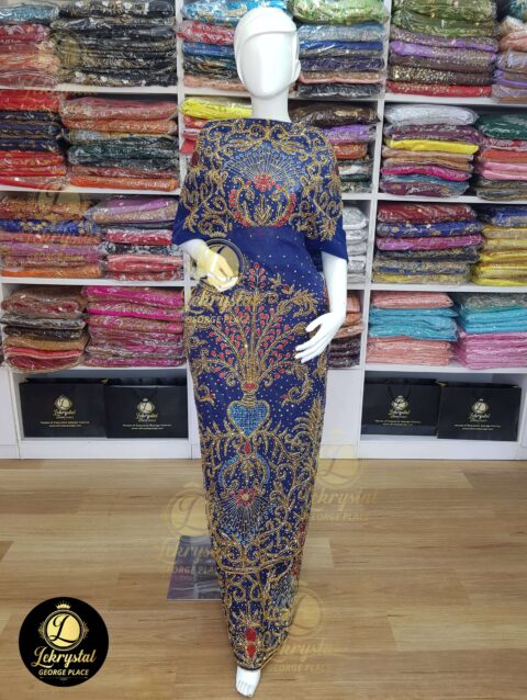 Navy Blue Net on Silk with Gold Stones an Touch of Red Stones Luxury George