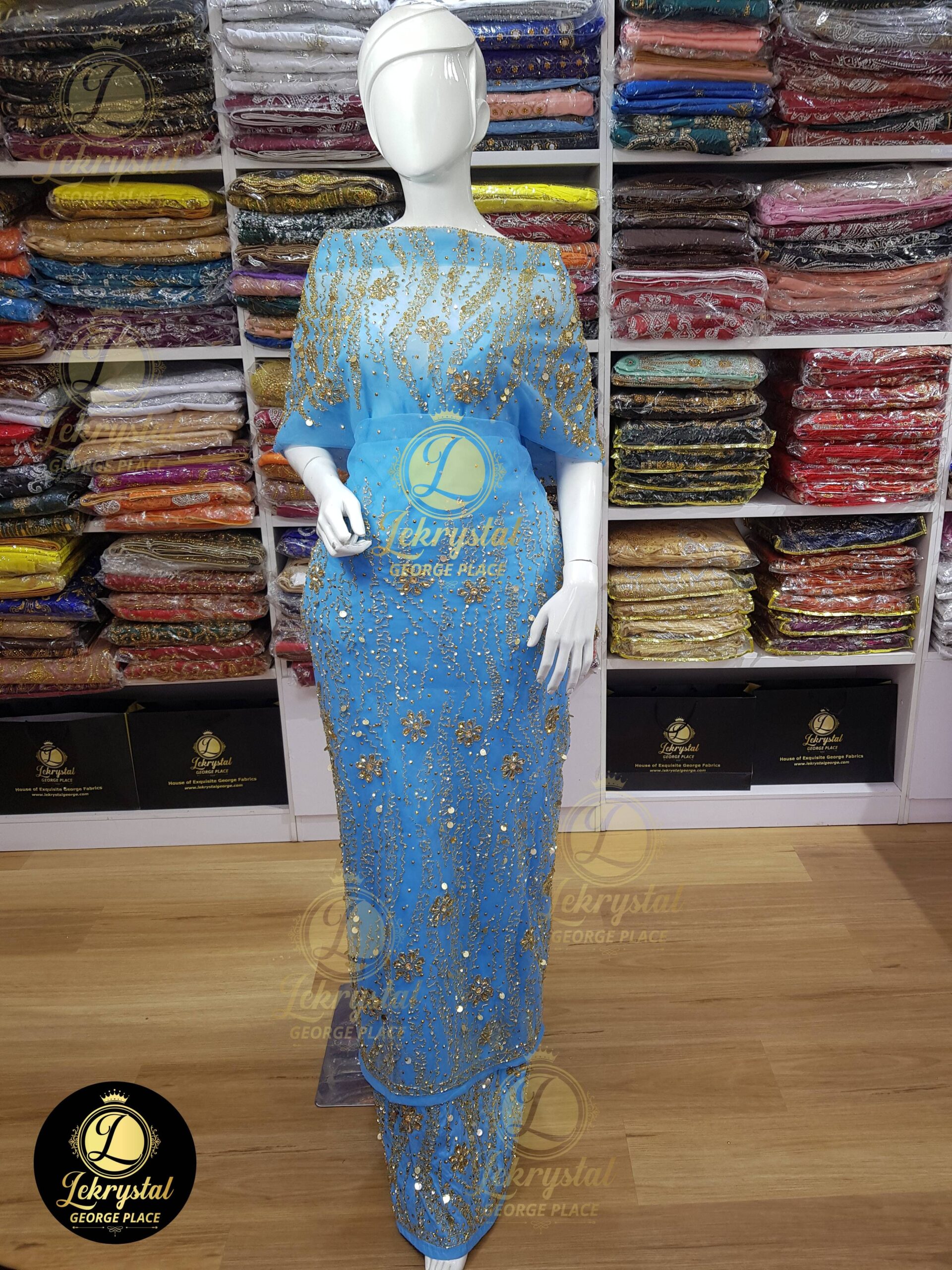 Powder Blue Net on Silk with Gold Stones Medium George