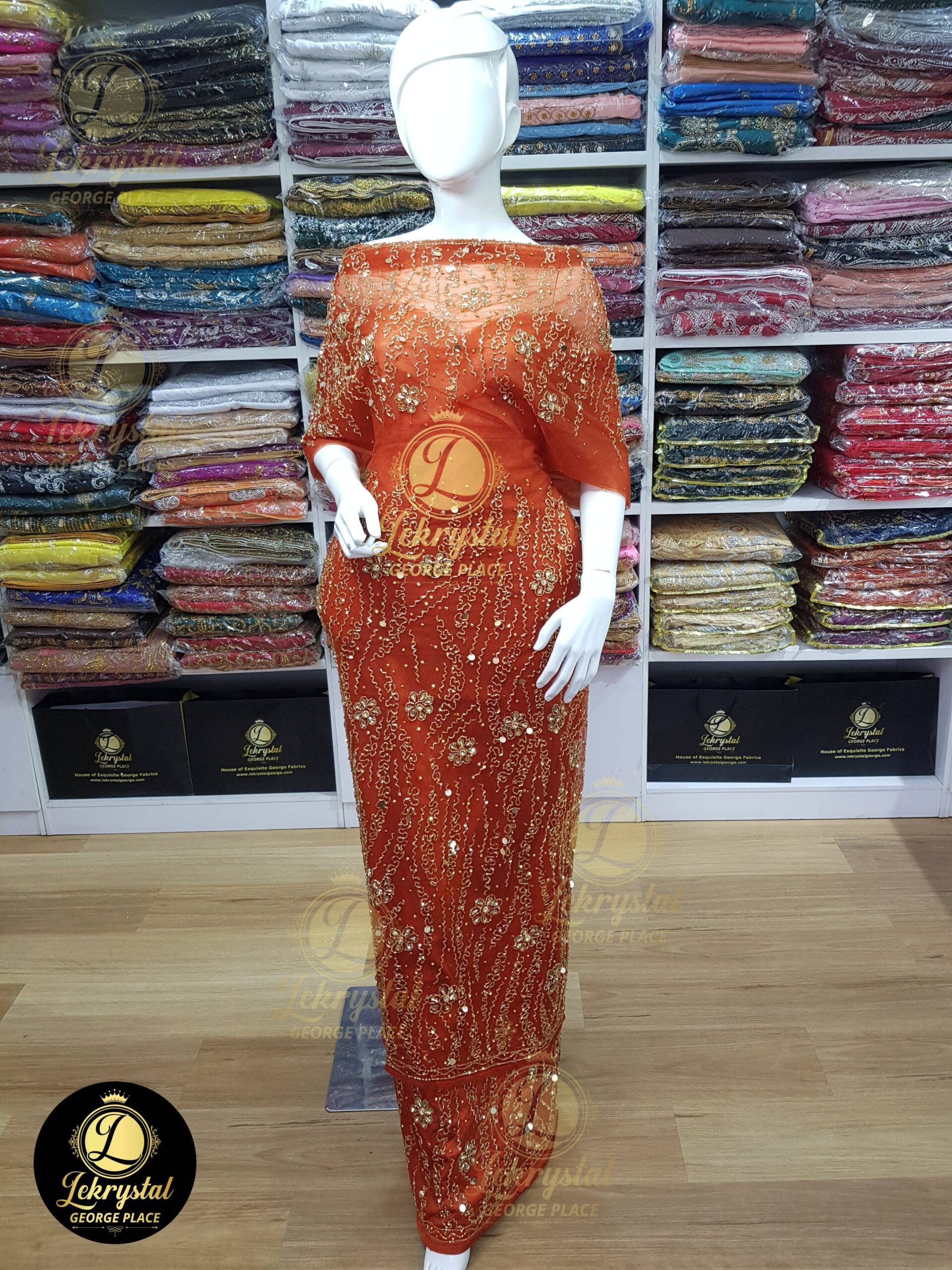 Burnt Orange Net on Silk with Gold Stones Medium George