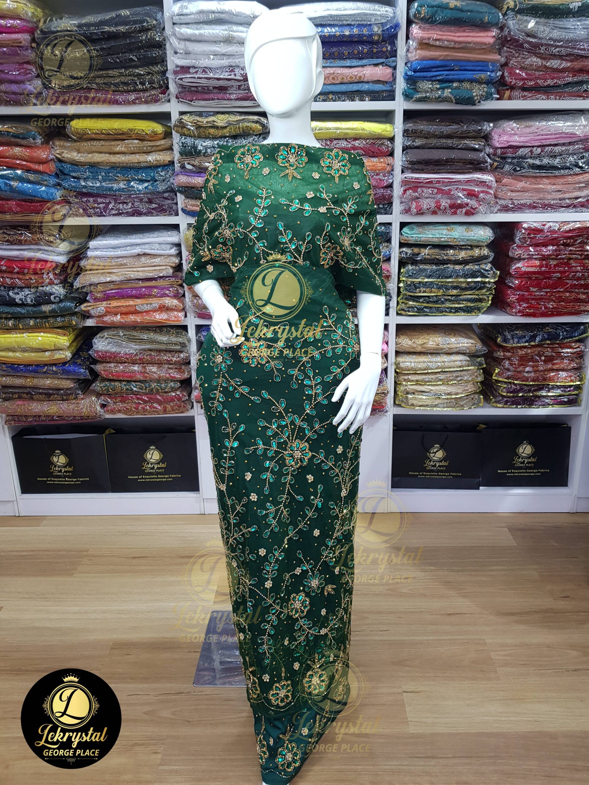 Emerald Green Net on Silk with Gold Stones Luxury George