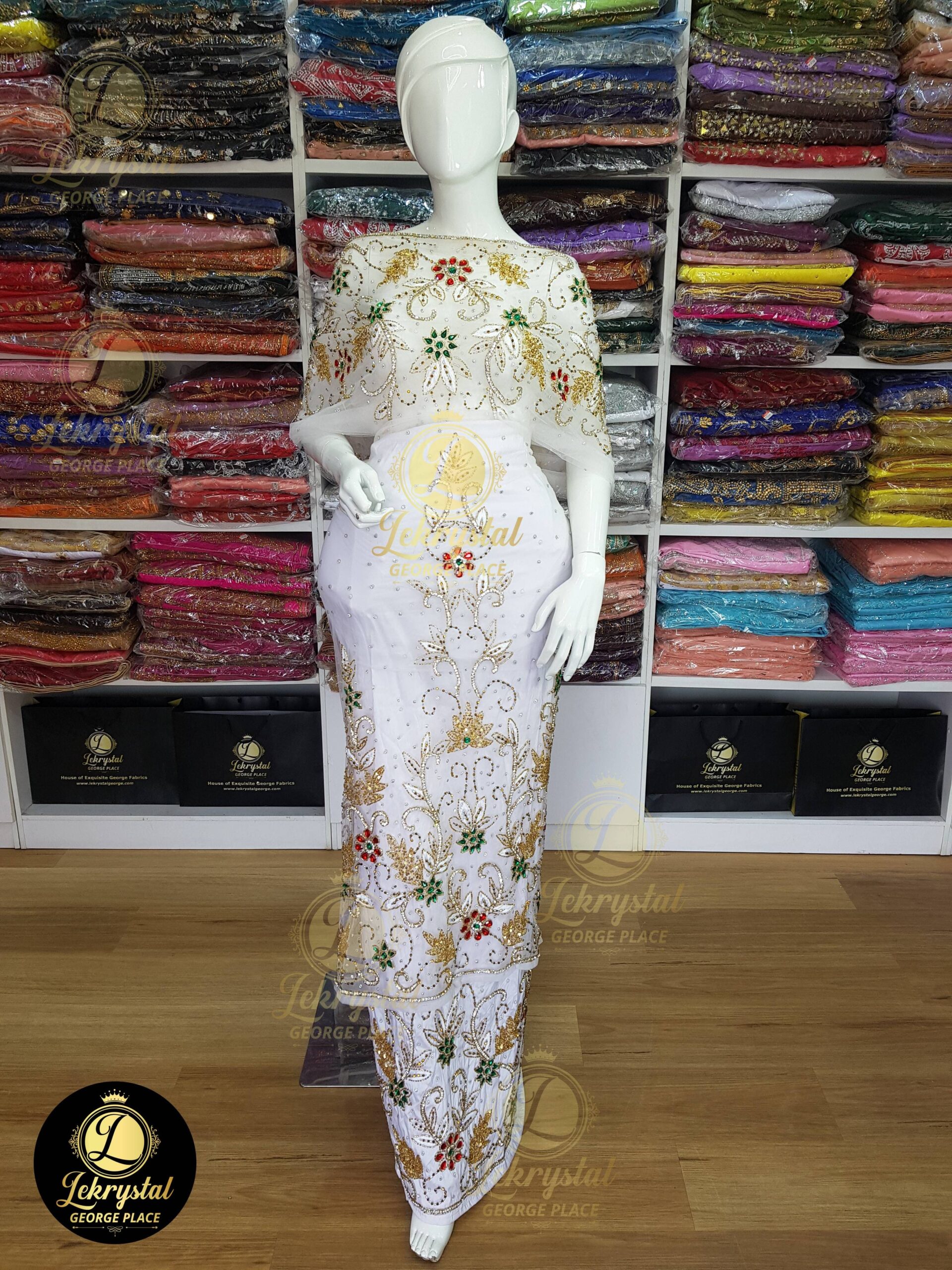 White with Gold Multiples Stones Net on Silk Luxury George