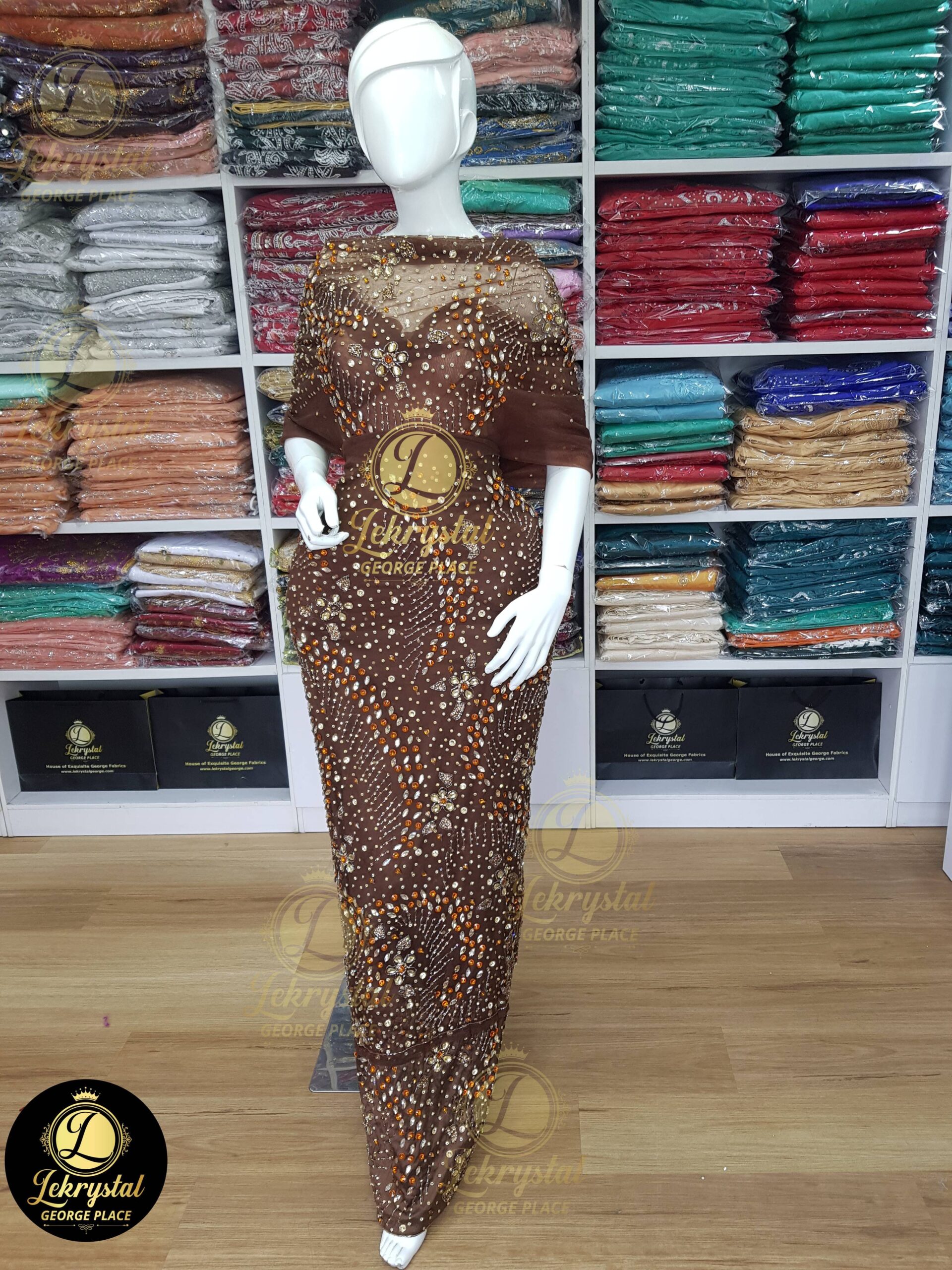 Coffee Brown Net on Silk with Crystal Silver Luxury George