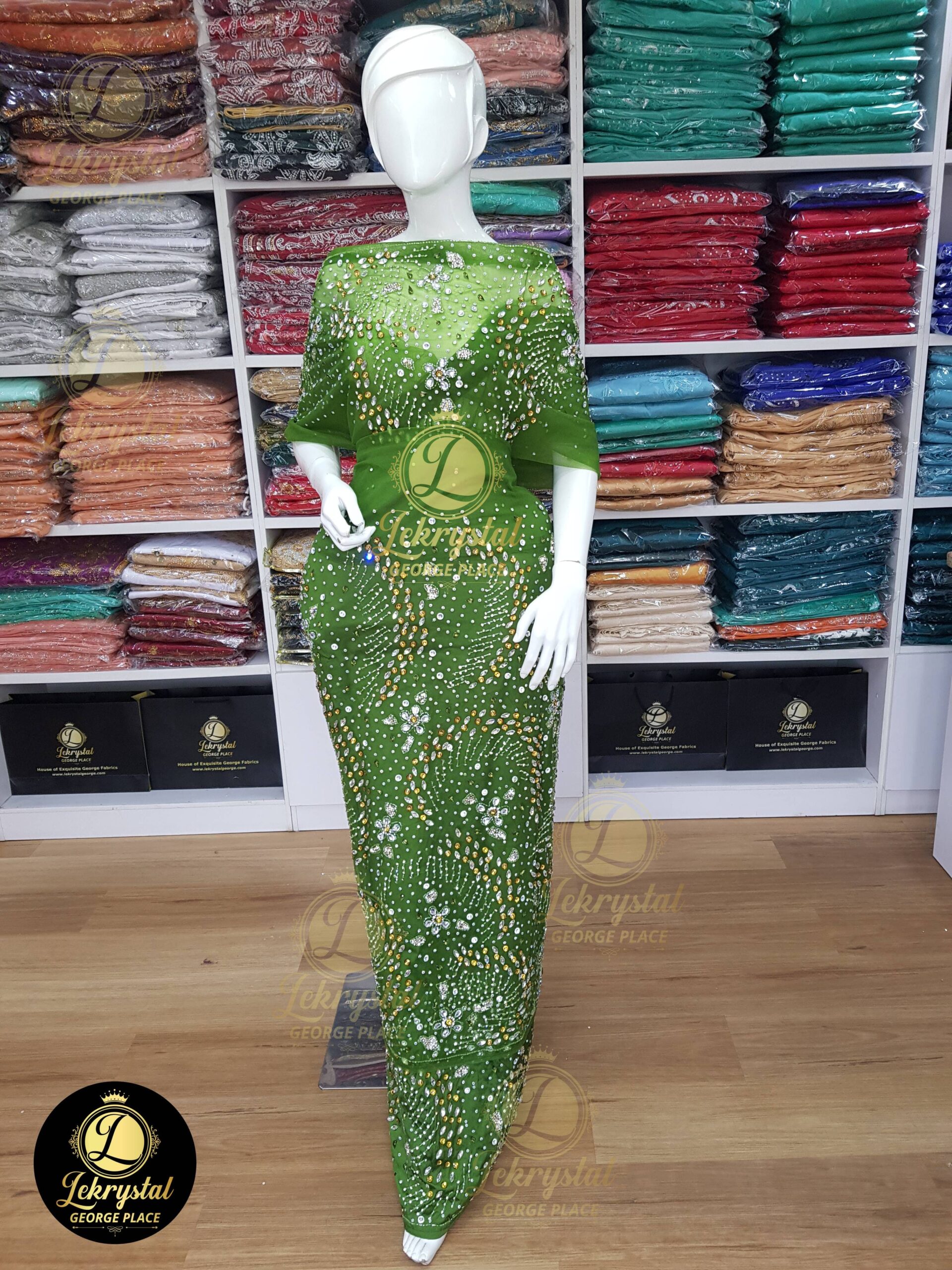 Olive Green Net on Silk with Crystal Silver Stones Luxury George